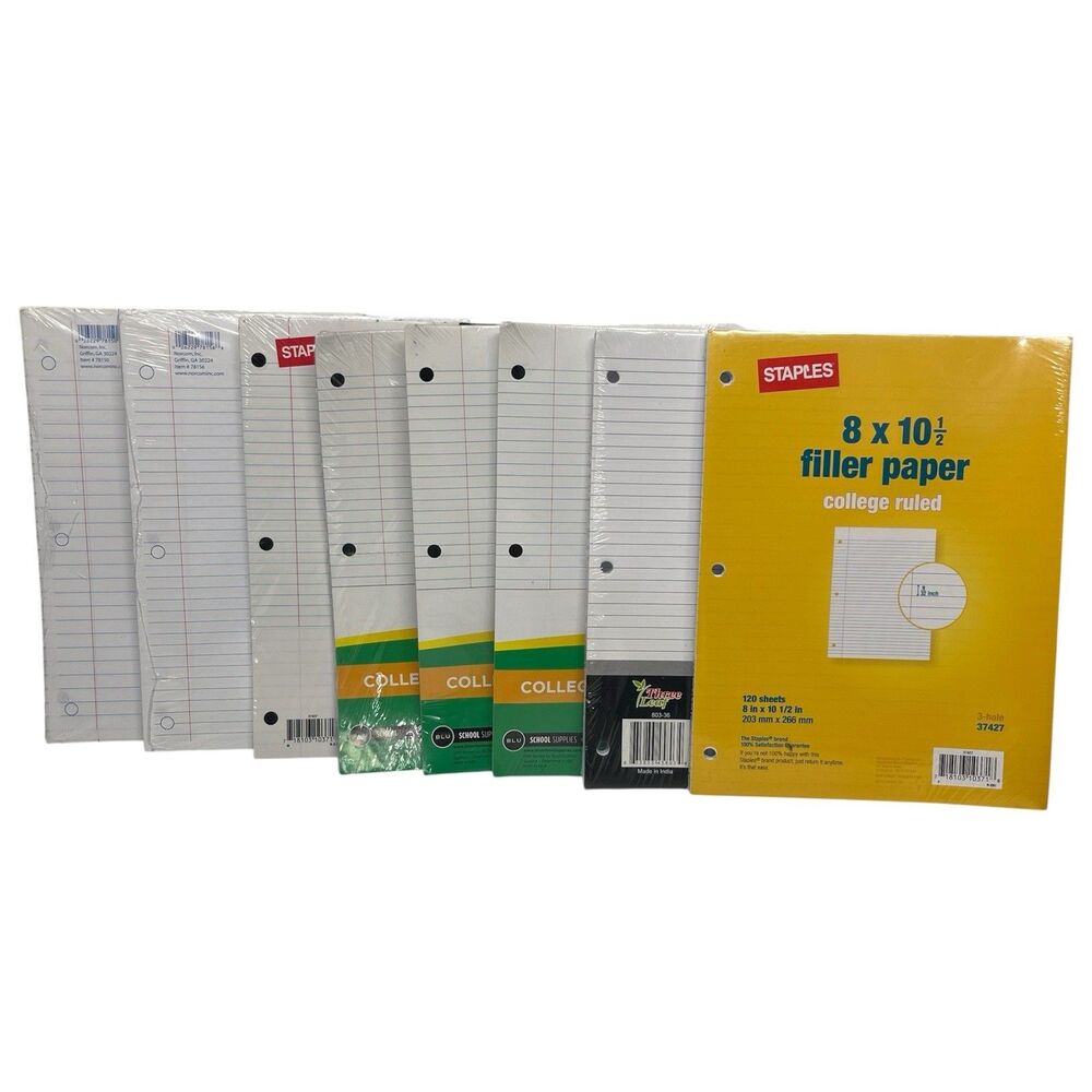 Lot of 7 College Ruled Filler Paper & 1 Wide Ruled Notebook Paper, New
